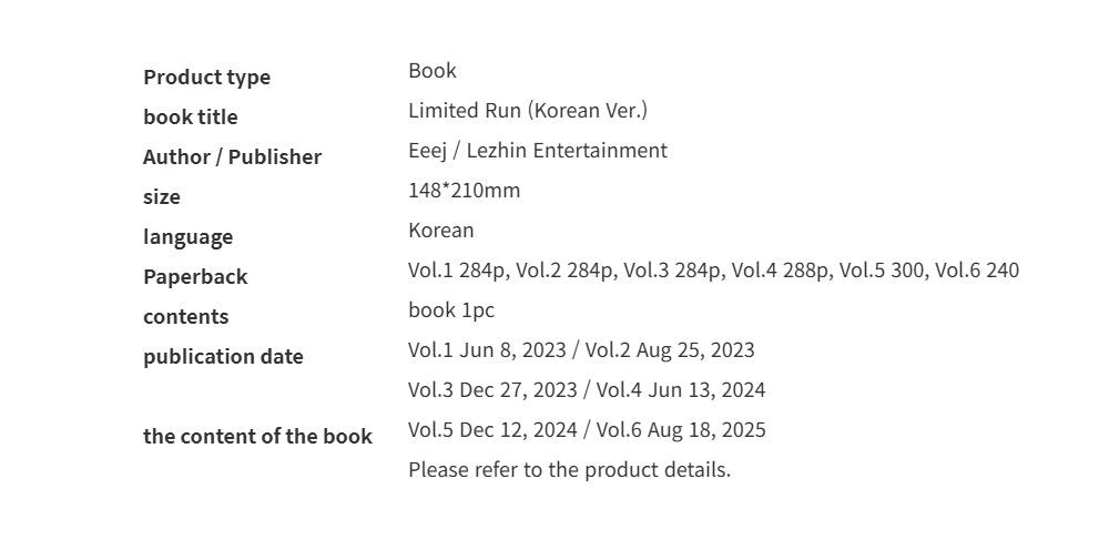 [BOOK] Limited Run Vol.1~6 (Korean Ver.)