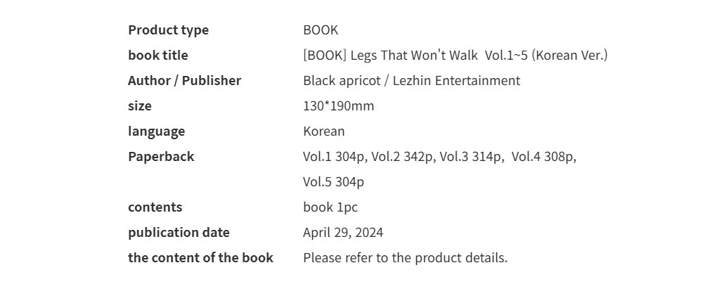 [BOOK] Legs That Won't Walk Vol.1~5 (Korean Ver.)